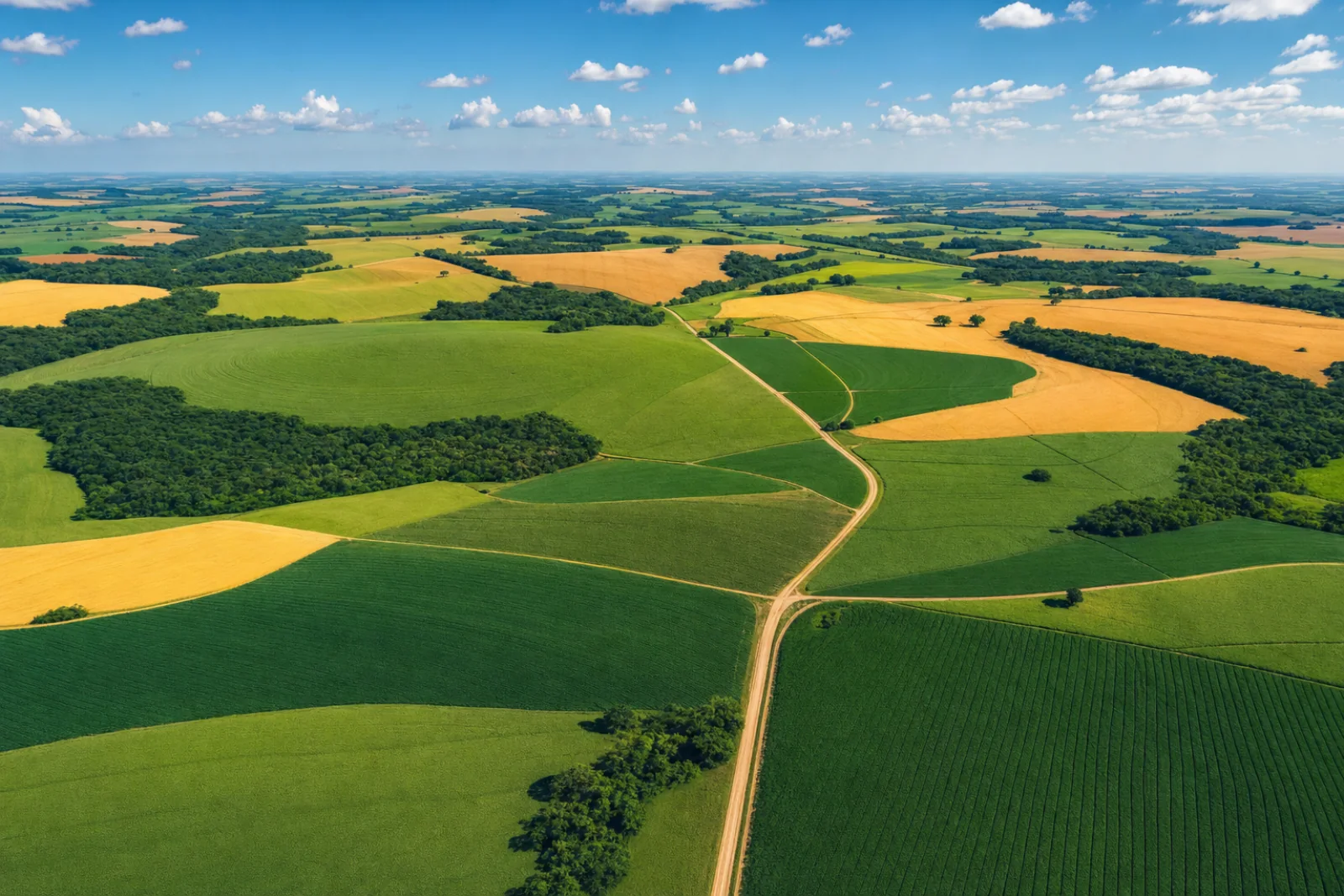 Vista aérea de vastas lavouras brasileiras, representando o alcance nacional da GTEC