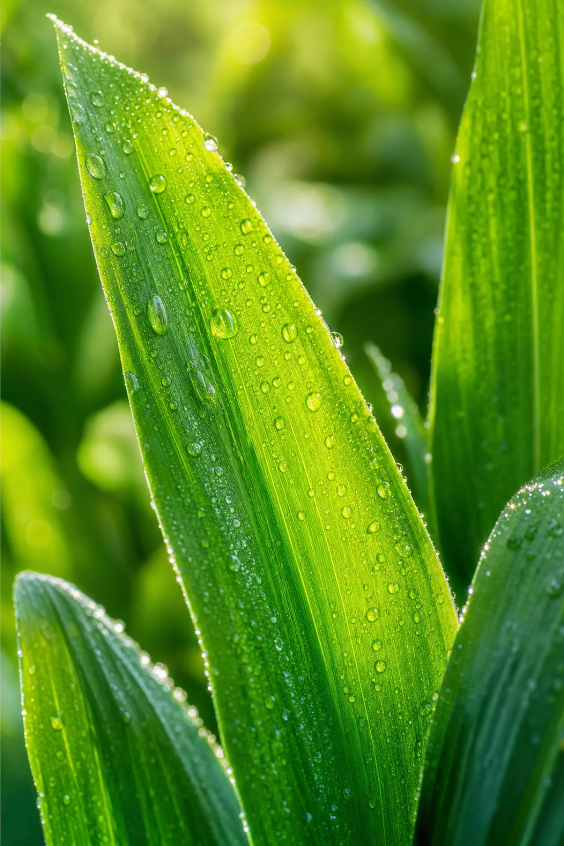 Folhas verdes saudáveis cobertas por finas gotas de pulverização